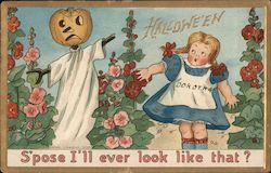 Girl Scared of Jack O'Lantern Scarecrow Halloween Postcard Postcard Postcard