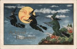 A Joyful Halloween-3 witches flying on broomsticks at night in front of a full moon Postcard Postcard Postcard