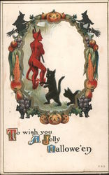 To wish you A Jolly Halloween - Goblin and black cats in ring of Fall symbols Postcard