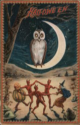 Halloween-Owl sitting on a crescent moon. 3 devils dancing with a witch and a pumpkin Postcard