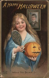 Happy Halloween-Girl looking into a hand mirror holding a jack-o-lantern in front of a picture Postcard