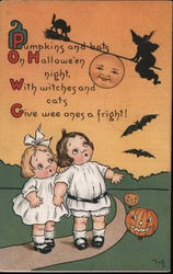 Little Boy and Little Girl Walk on Path, Jack-o-Lanterns, Bats, Witch Halloween Postcard Postcard Postcard