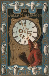 Man holding a broom, pointing at a grandfather clock. Owls all around Halloween Postcard Postcard Postcard