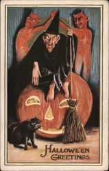 Witch with Broom Sits on Large Jack-o-Lantern with Demons and Black Cat, Halloween Greetings Postcard