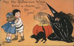 2 children next to a witch, a pumpkin, and a black cat Halloween Postcard Postcard Postcard