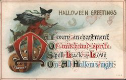 Halloween Greetings - Witch and pumpkins Postcard Postcard Postcard