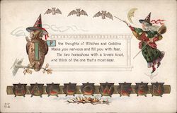 Witch with broomstick. Owl with witches hat. 3 Bats. Crescent moon. Cauldrons. Halloween Postcard Postcard Postcard