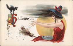 Witch Flies on Broom with Bowl on Lap, Black Cat, Halloween Postcard Postcard Postcard