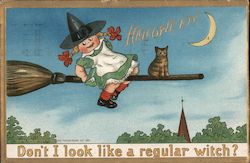 Little Girl in Witch's Hat Rides Broom with Cat, Halloween, Don't I Look Like a Regular Witch? Postcard Postcard Postcard