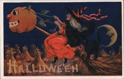 Witch riding a broomstick with a pumpkin head Cat, Crescent moon Halloween Postcard Postcard Postcard