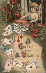 A Greeting From St. Valentine- Cupid dropping a bag of envelopes through window Postcard Postcard Postcard