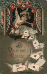 A Valentine Message- Cupid dropping Valentines out of a window Postcard Postcard Postcard