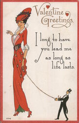 Valentine Greetings - A Woman Holding a Rope with a Man at the End Women Postcard Postcard Postcard