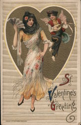 St.. Valentine's Greeting- Cupid playing ukulele and a woman in a heart Postcard Postcard Postcard