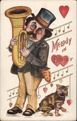 Melody in B Minor Man playing Baritone, next to a cat Postcard