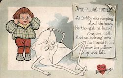 The Pillow Tumble Cartoon Boy Looking at angry Pillow Postcard