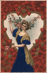 Woman Stands in Front of Flowers and Hearts, To My Valentine Postcard