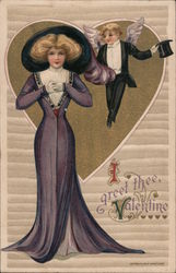 I greet thee Valentine. A well dressed woman with arms over heart and cupid in a tux on her shoulder Couples Postcard Postcard Postcard