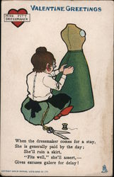 Woman with scissors and thread sewing a skirt on a dress form Postcard