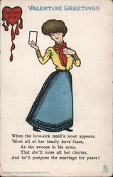 Valentine Greetings Melting Heart, woman holding valentine Postcard