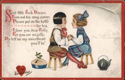 Couple sitting on stools, with a pie and a kettle Children Postcard Postcard Postcard