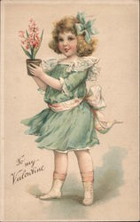 Little Girl Holding Potted Flowers, To My Valentine Children Postcard Postcard Postcard