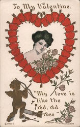 Woman Surrounded by Arrow-Pierced Hearts and Roses, Cupid and Bow, To My Valentine Postcard