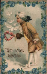 With Love's Greeting Man holding heart flower wreath and doves flying Postcard