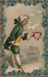 With Fondest Love - Child in Colonial Dress with Rose Heart and Doves Children Postcard Postcard Postcard