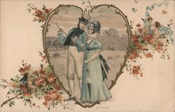 A well dressed man and woman taking a stroll together arm in arm across a field. Pictured inside a Postcard