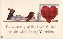 I'm squareing up this heart of mine for him who'll be my Valentine- woman and heart made of squares Women Postcard Postcard Postcard