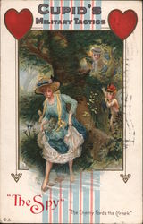 Cupid Spies on Woman, Cupid's Military Tactics, "The Spy," "The Enemy Fords the Creek" Postcard Postcard Postcard