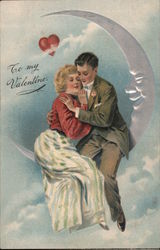 Couple sits on a silver crescent moon with a heart above them Postcard