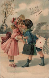 To my Valentine- Cupid delivering mail, kissing girl Postcard Postcard Postcard