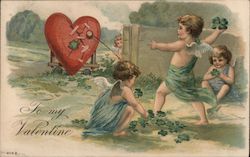 To My Valentine- Cupids playing with four leaf clovers Postcard Postcard Postcard