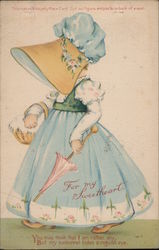 Child in a bonnet holding a basket and an umbrella Postcard