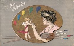 To my Valentine- Woman and Cupid, Paints on a pallet Postcard Postcard Postcard