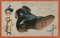 Woman and Large boot with "23" on bottom kicking small man Comic Postcard Postcard Postcard