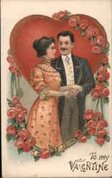 Man and Woman Holding Hands with Flowers and Heart in Background, To My Valentine Postcard