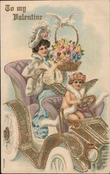 To my Valentine Cupid Driving Woman in car holding a bouquet of flowers with a dove on top Postcard