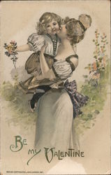 Be My Valentine - A Woman Lifts a Small Child Who Holds a Bunch of Flowers Women Postcard Postcard Postcard