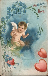 With love to my Love- Cupid with Spider Web and Hearts and Blue Flowers Postcard Postcard Postcard