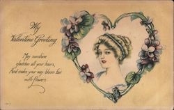 Woman in Heart of Flowers, My Valentine Greeting Postcard