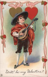 Boy playing a mandolin wearing a blanket and sombrero with hearts and ribbons Children Postcard Postcard Postcard