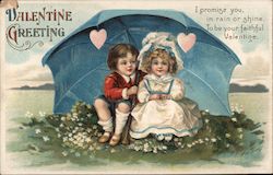 Valentine Greeting- Boy and Girl Under Umbrella Children Postcard Postcard Postcard