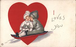 I loves you Boy and Girl on sled in front of heart Postcard