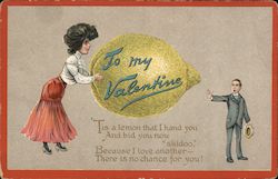 To My Valentine - A Woman Handing a Man a Lemon Postcard