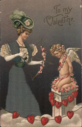 Woman Aims Bow at Cupid, To My Valentine Postcard