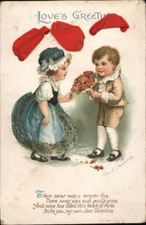 Love greetings boy handing girl a bouquet Postcard