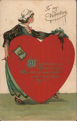 To my Valentine Woman holding large heart with writing Postcard